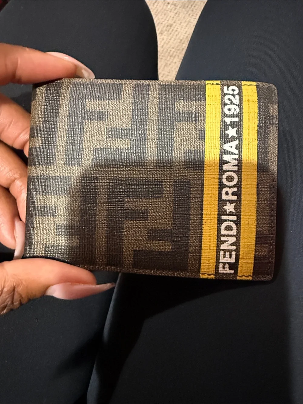 Fendi Brown Monogram Canvas Card Holder with Yellow Stripe